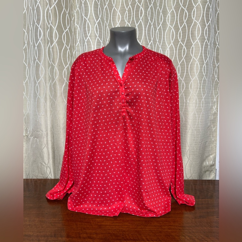 🌹George Plus Size 3X Red Patterned Long Sleeve Top with Button Neckline Flowey
